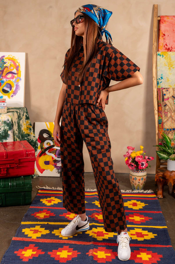Hand Printed 'Seema' Pants - Chocolate And Black Chessboard