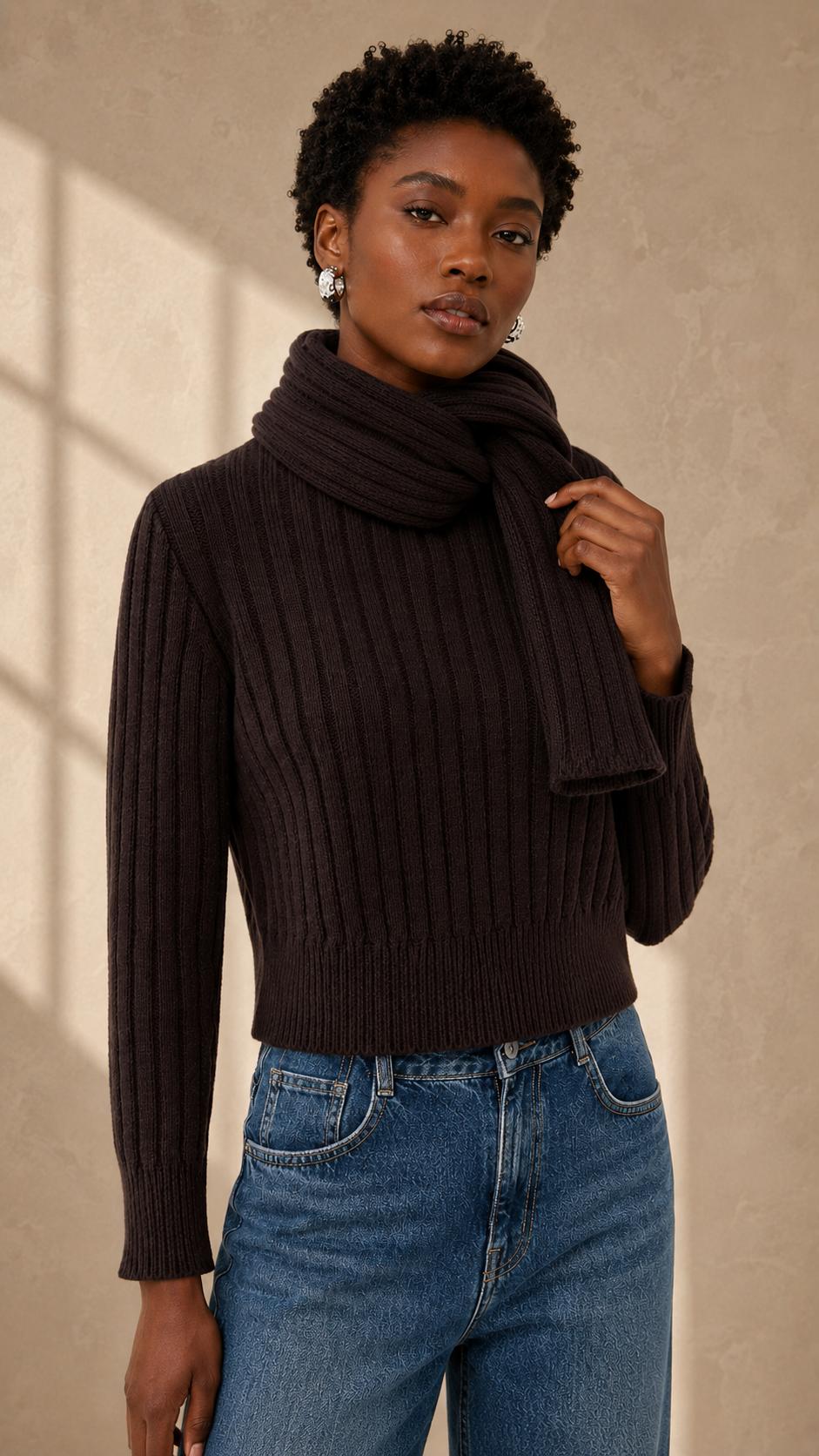 The Ryan Ribbed Scarf Cashmere Sweater - Chocolate Brown