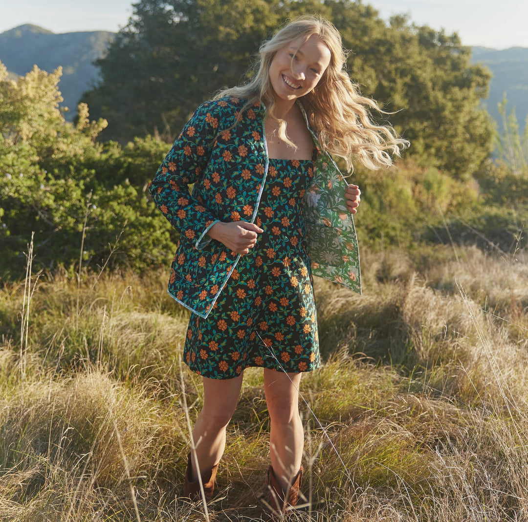 Gloria Mini Dress - Faded Black/Bright Clementine & Moss Floral