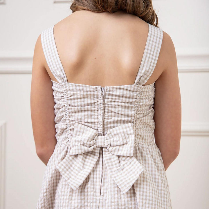 Organic Ruched Bodice Party Dress - Taupe Gingham Seersucker