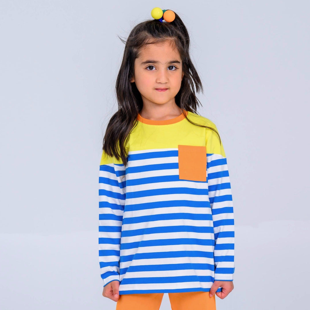 Long Sleeve Multicolor Pocket T-Shirt - Blue Stripes