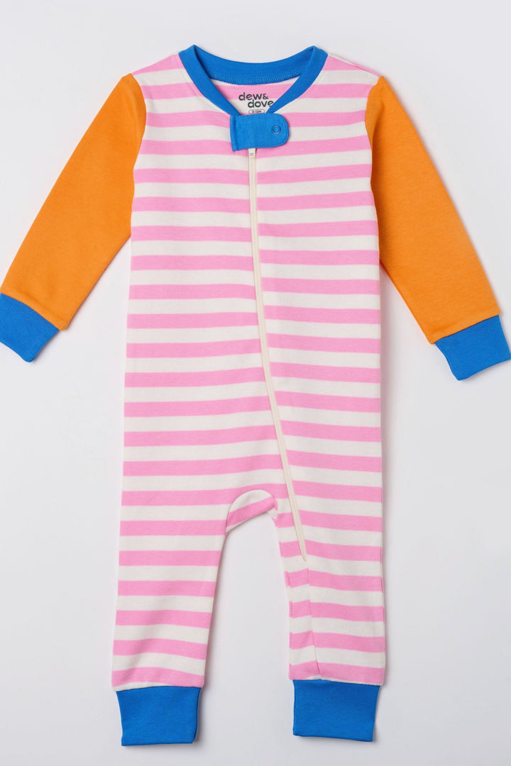 Long Sleeve Zip Romper - Prism Pink Stripes & Sun Orange