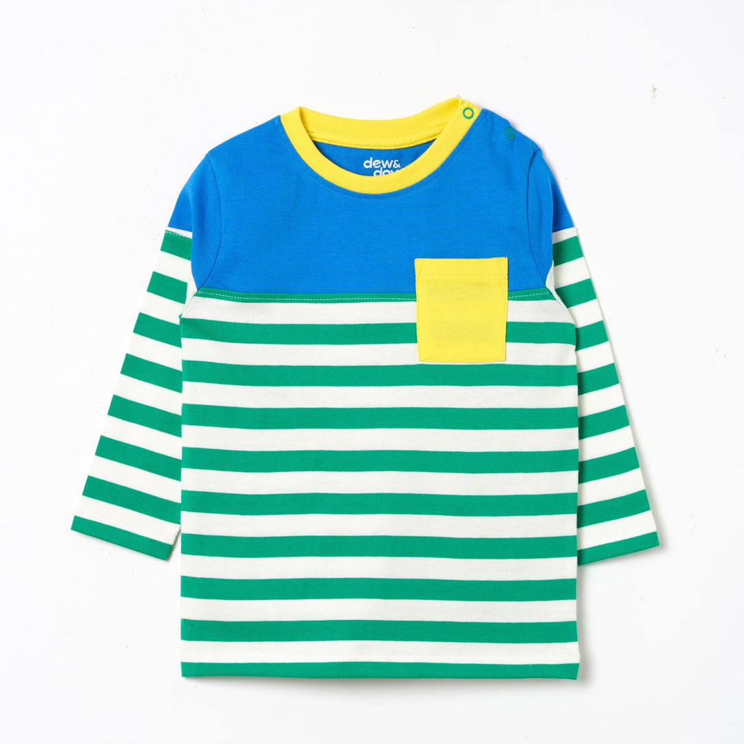 Long Sleeve Multicolor Pocket T-Shirt - Green Stripes