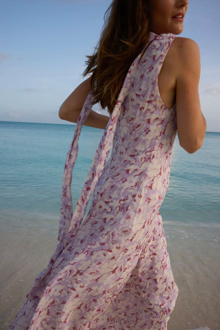 Rivi Neck Scarf Maxi Dress - Pink Floral