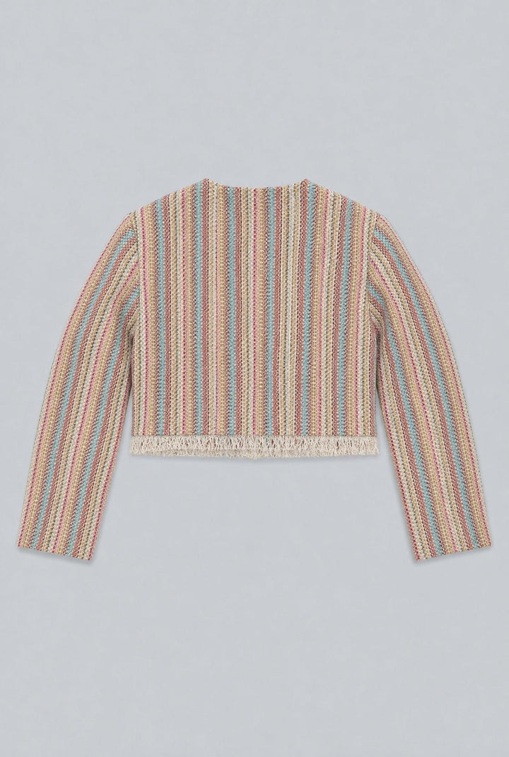 Cropped Tweed Frayed Hem Blazer - Rainbow/Multi