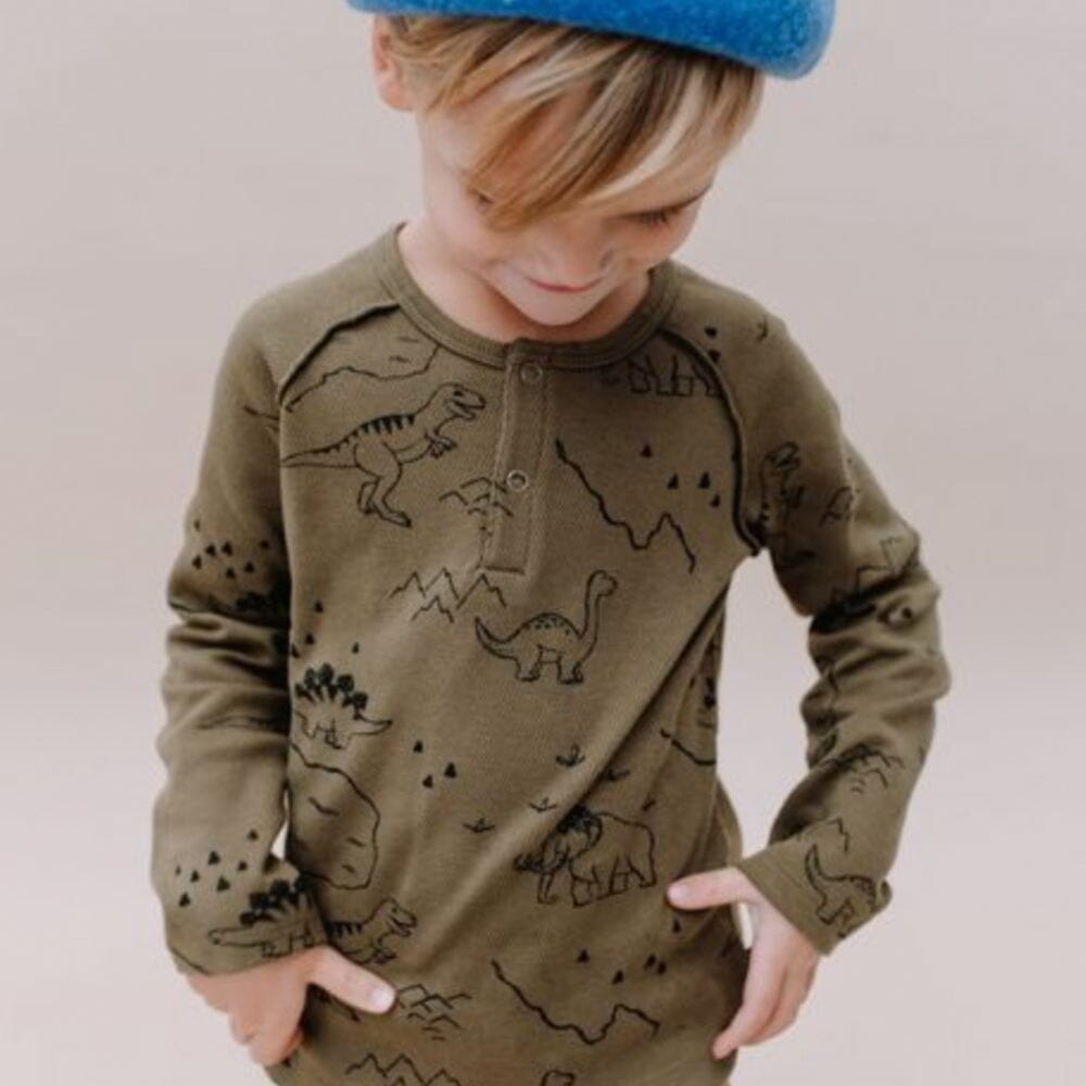 Dino Print Grandad Tee Shirt - Khaki T-Shirts Sproet & Sprout 