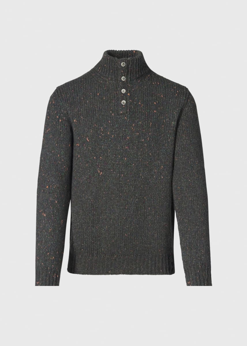 Wool & Cashmere Donegal Button Mock Neck - Dark Olive
