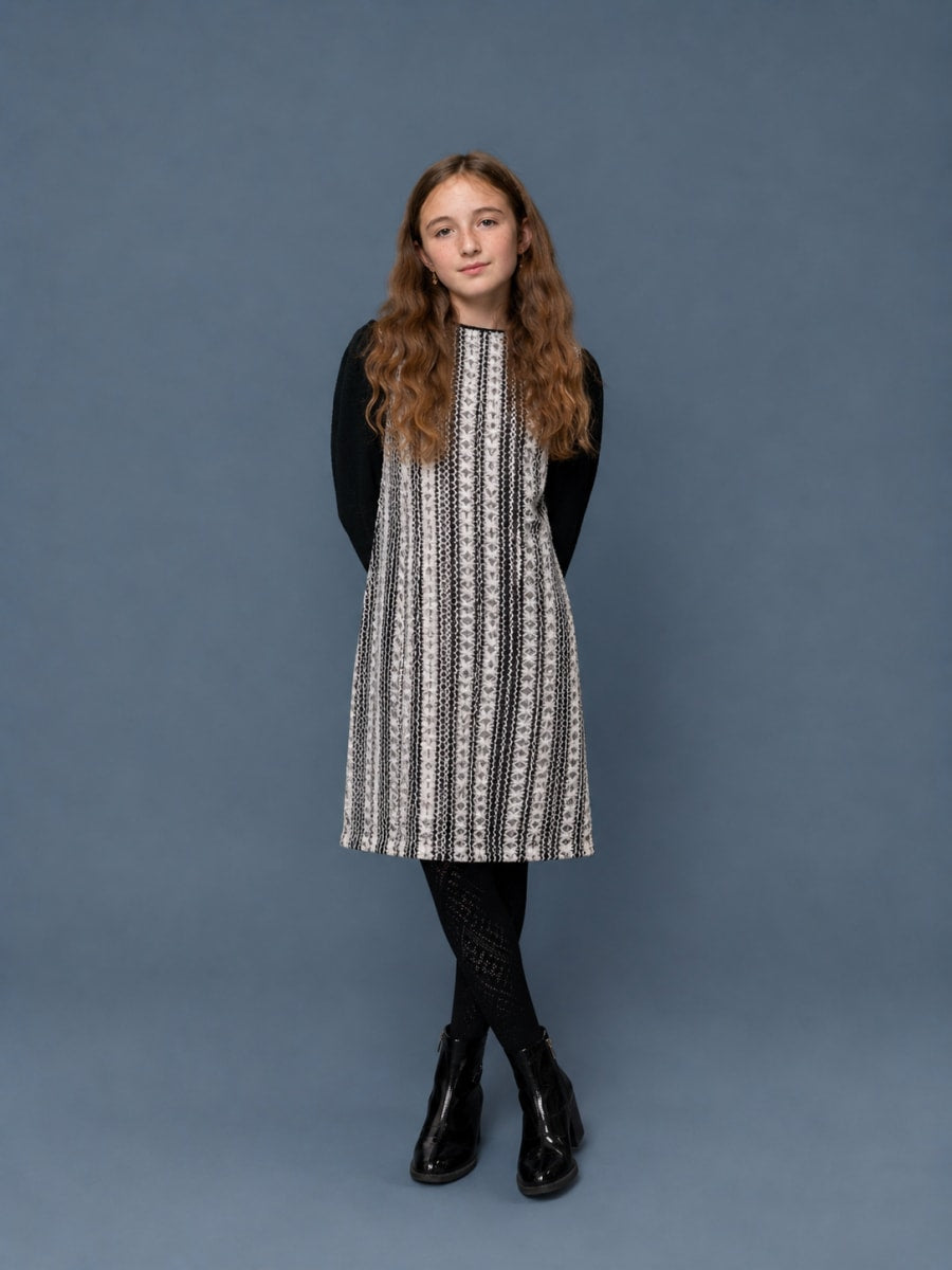 Lace Puff Sleeve Dress - Black and White
