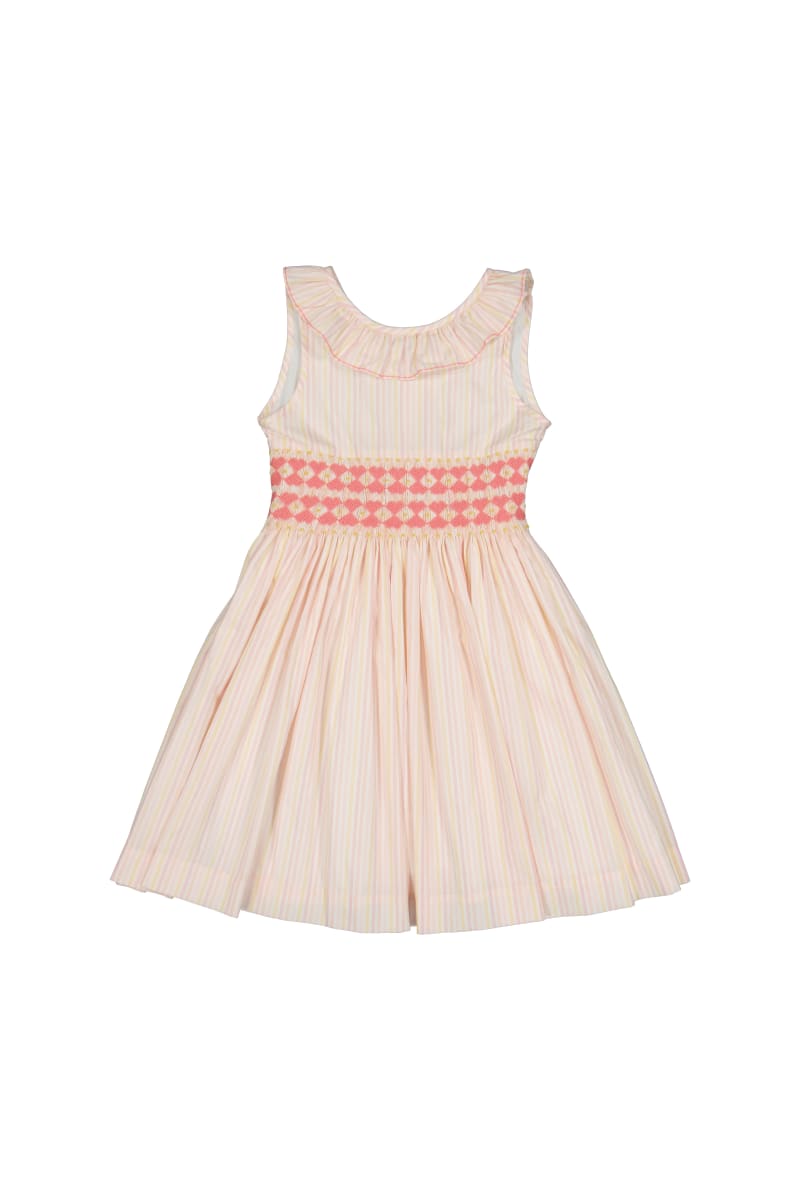Capucine Pink Yellow Stripe Sleeveless Smocked Dress - Striped