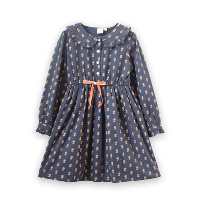 Girls' Long Sleeves Dress With Velvet Tie - Adelaide Orange Floral