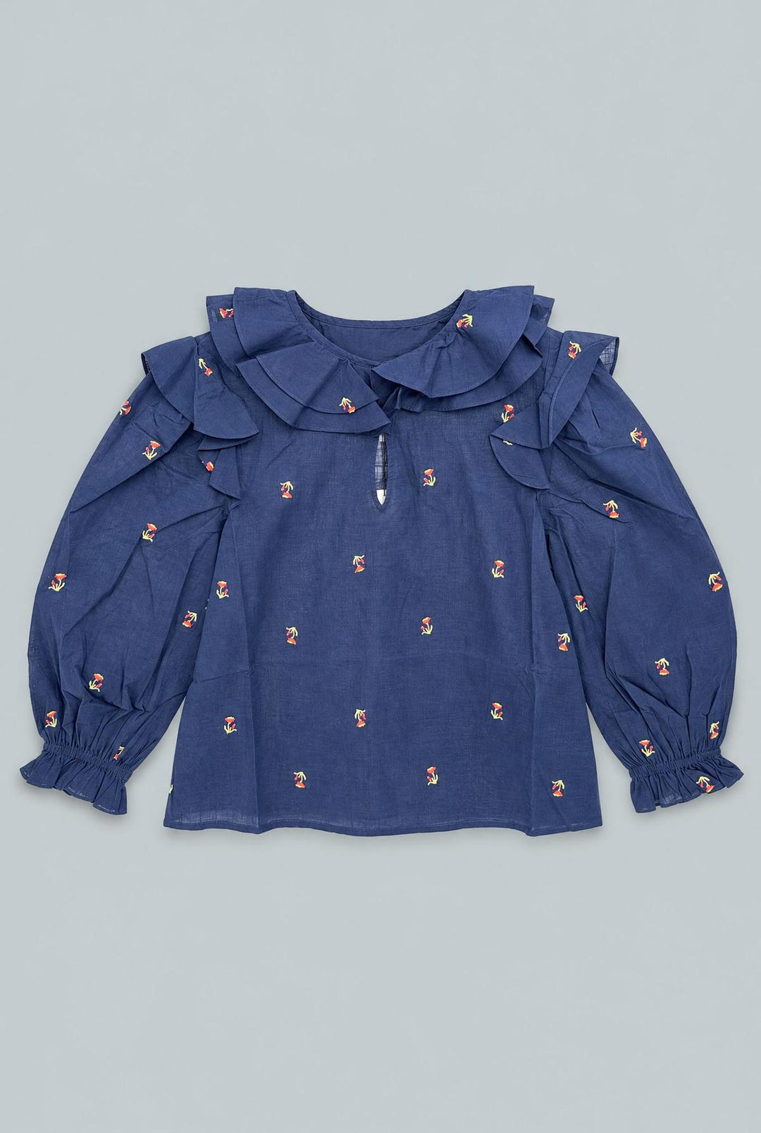 Embroidered Ruffle Top - Navy