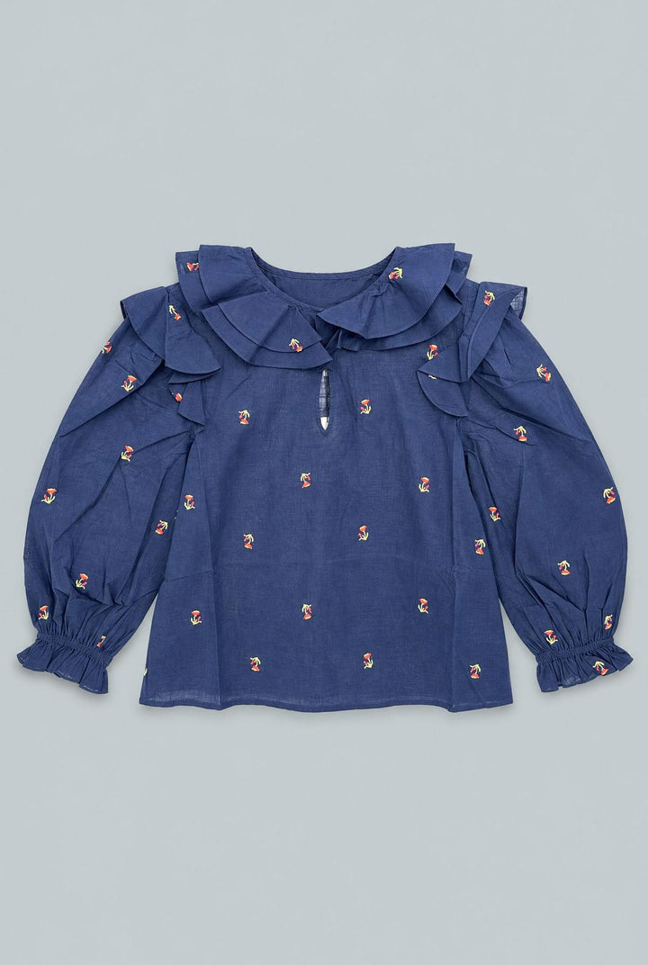 Embroidered Ruffle Top - Navy