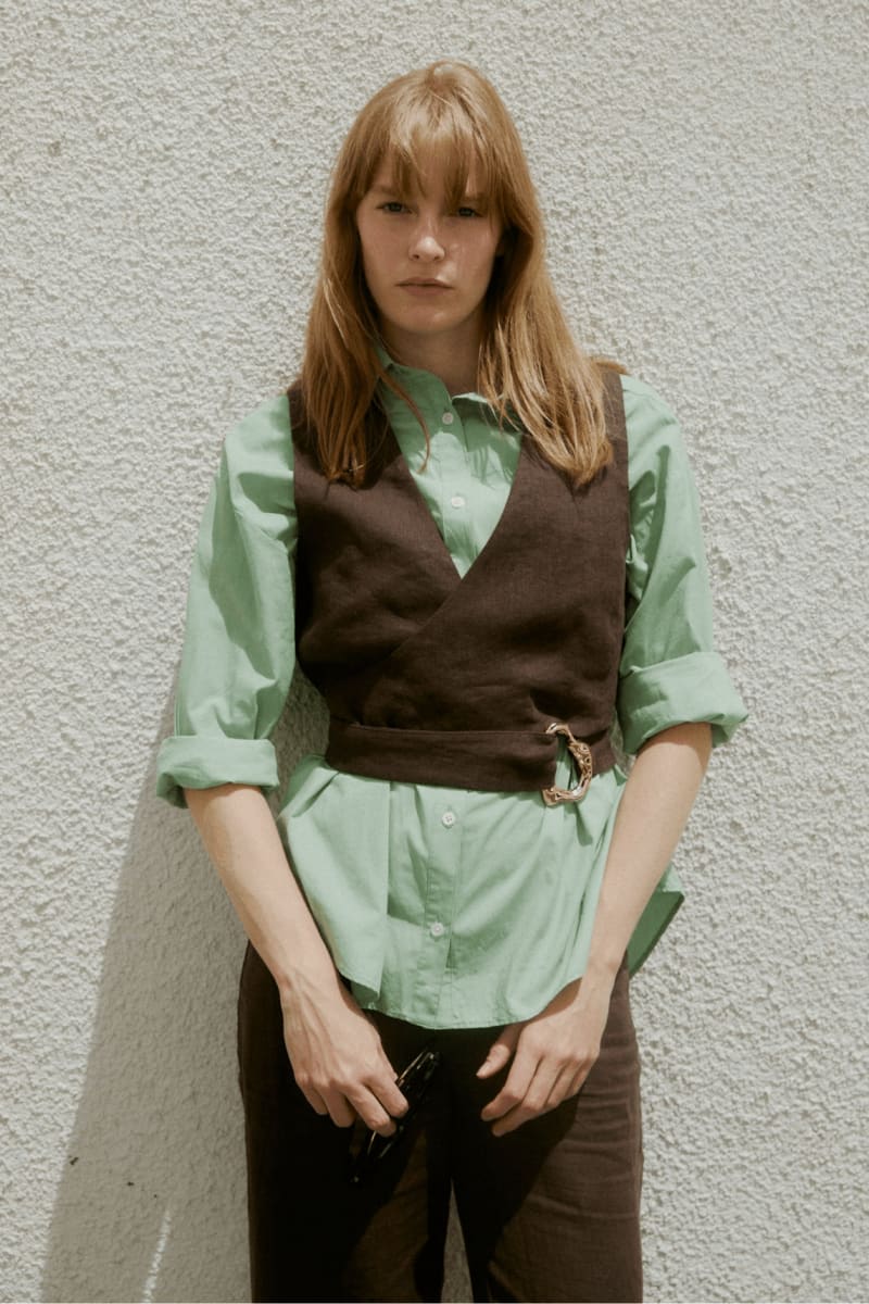 Flax Linen Tulle Wrap Vest - Chocolate
