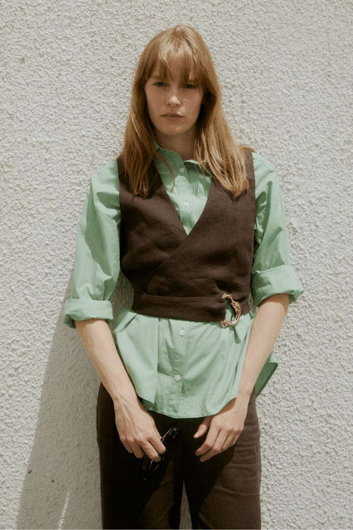 Flax Linen Tulle Wrap Vest - Chocolate
