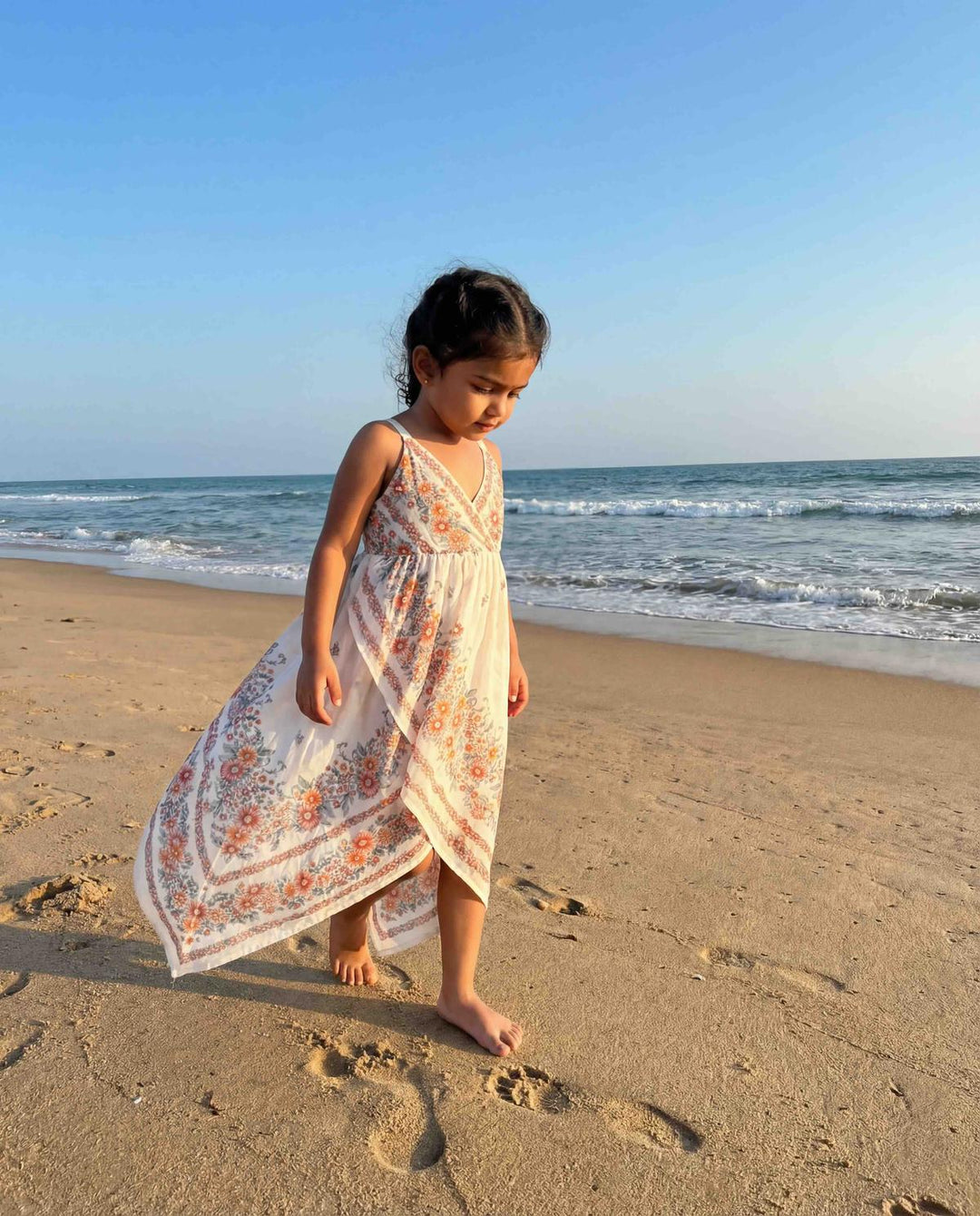 Cotton Woven Girls Dress - Ivory Floral