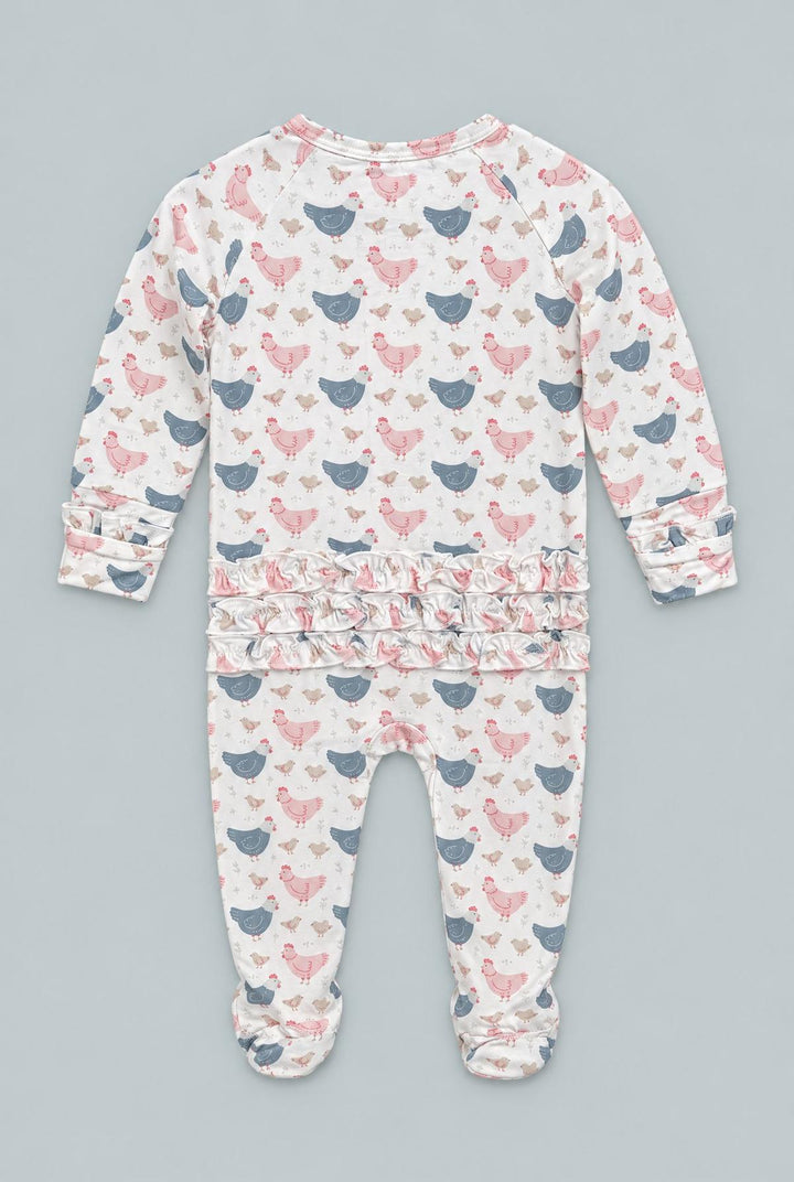 Pink Farm Hens Bamboo Ruffle Footie - Happy Hens