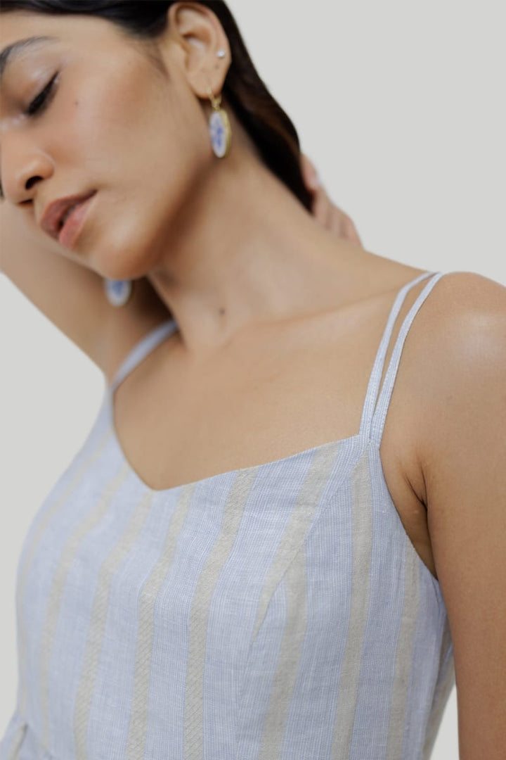 Strappy Gathered Midi Dress - Textured Stripes