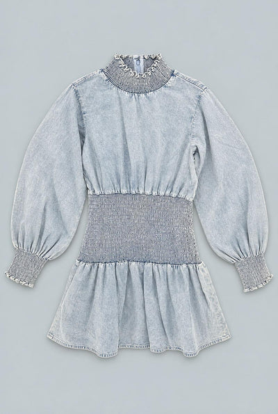 Smocked Denim Mini Dress - Light Blue