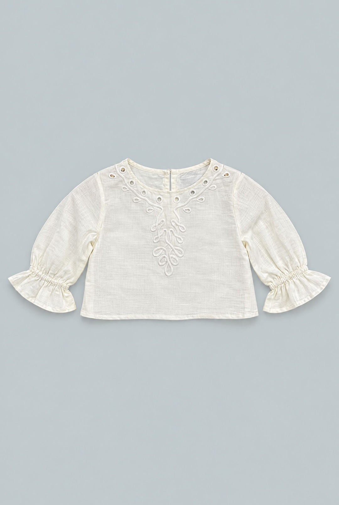 Kid's Cropped Embroidered Blouse With Cinched Sleeves - Ivory
