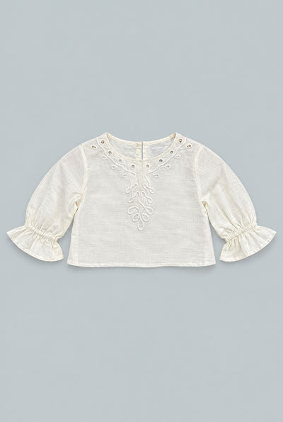 Kid's Cropped Embroidered Blouse With Cinched Sleeves - Ivory