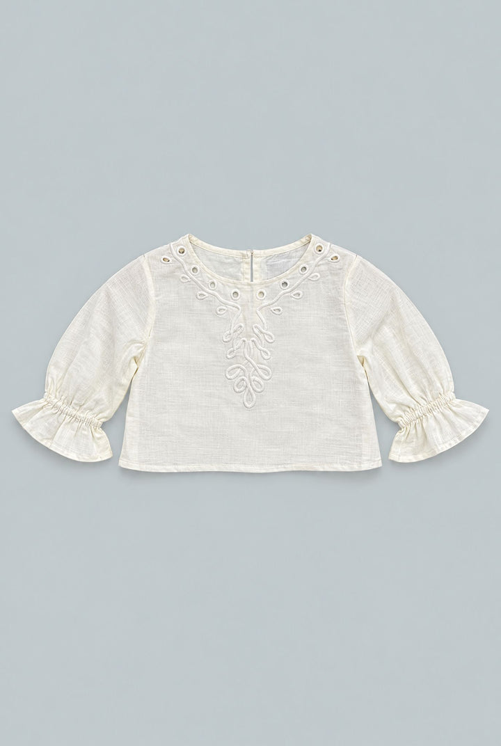 Kid's Cropped Embroidered Blouse With Cinched Sleeves - Ivory