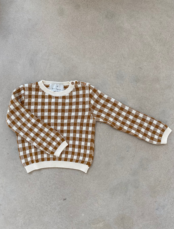 Ian Knit Long Sleeve Top - Caramel Gingham