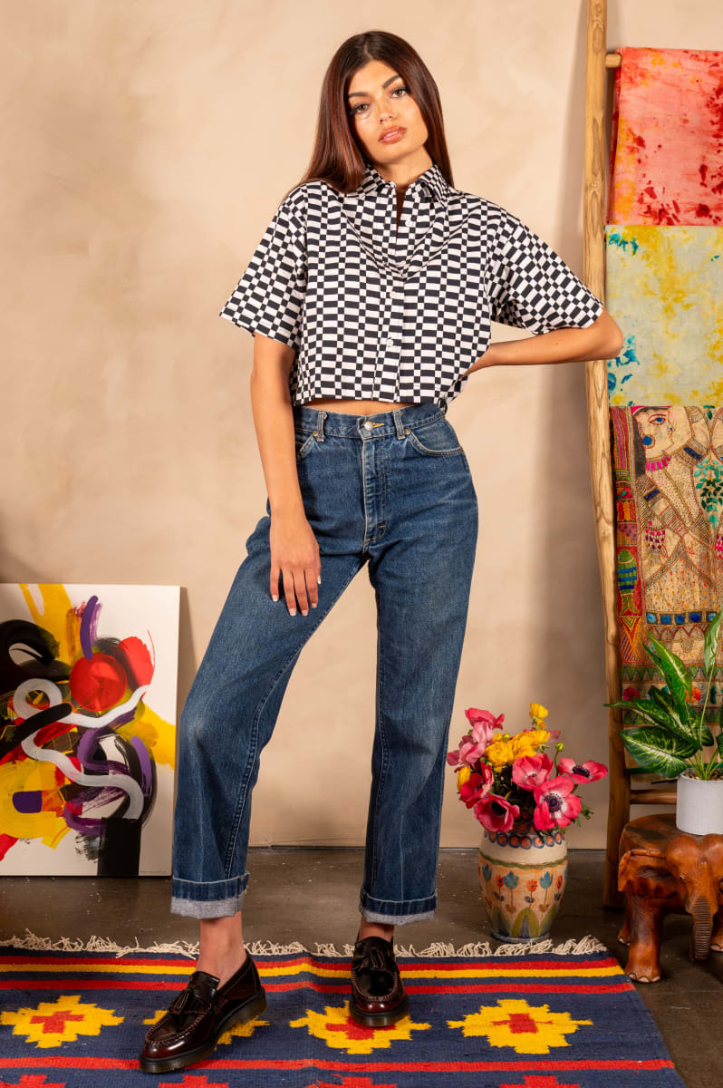 Hand Printed 'The Cami' Crop Shirt - Checkers Twill