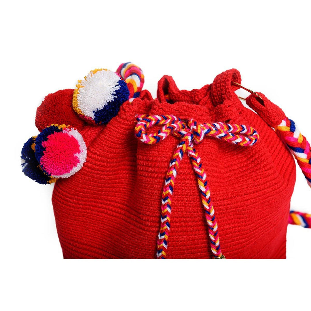 Rainbow Woven Mochila Bucket Bag - Red