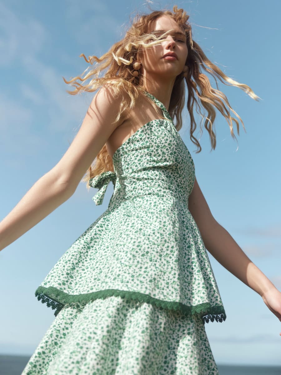 Emma Tiered Dress - Ivory/Grassy Knoll Ditsy Floral