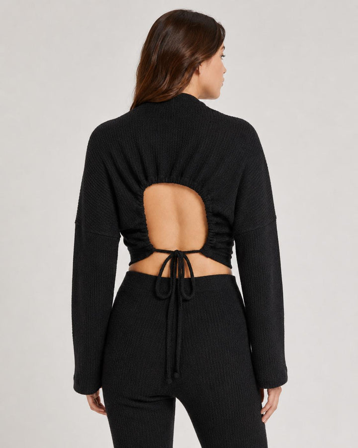 Ribbed Textured Open Back Top - Black