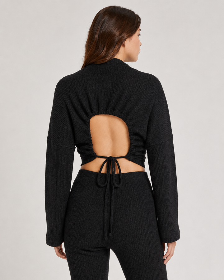 Ribbed Textured Open Back Top - Black