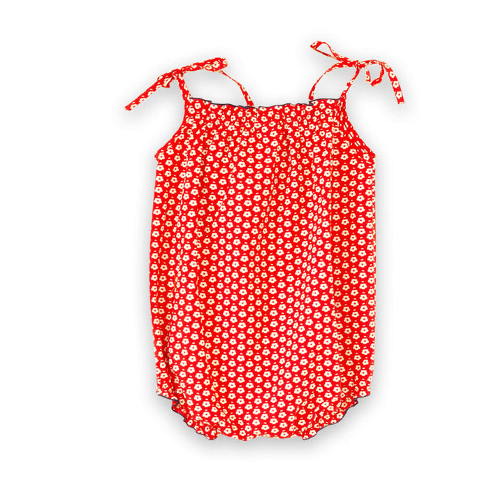 Baby Romper With Smocked Neck - Flowers In Brilliant Red