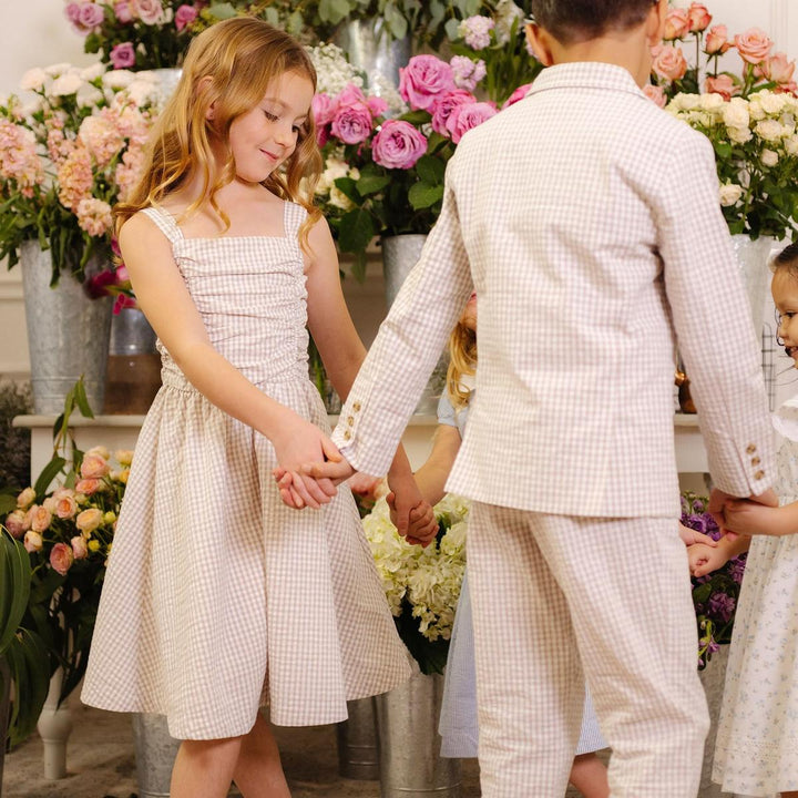 Organic Ruched Bodice Party Dress - Taupe Gingham Seersucker