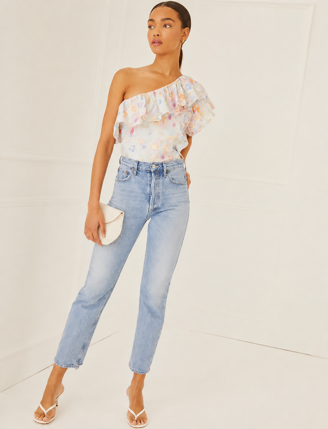 One Shoulder Ruffle Top - Blue Combo