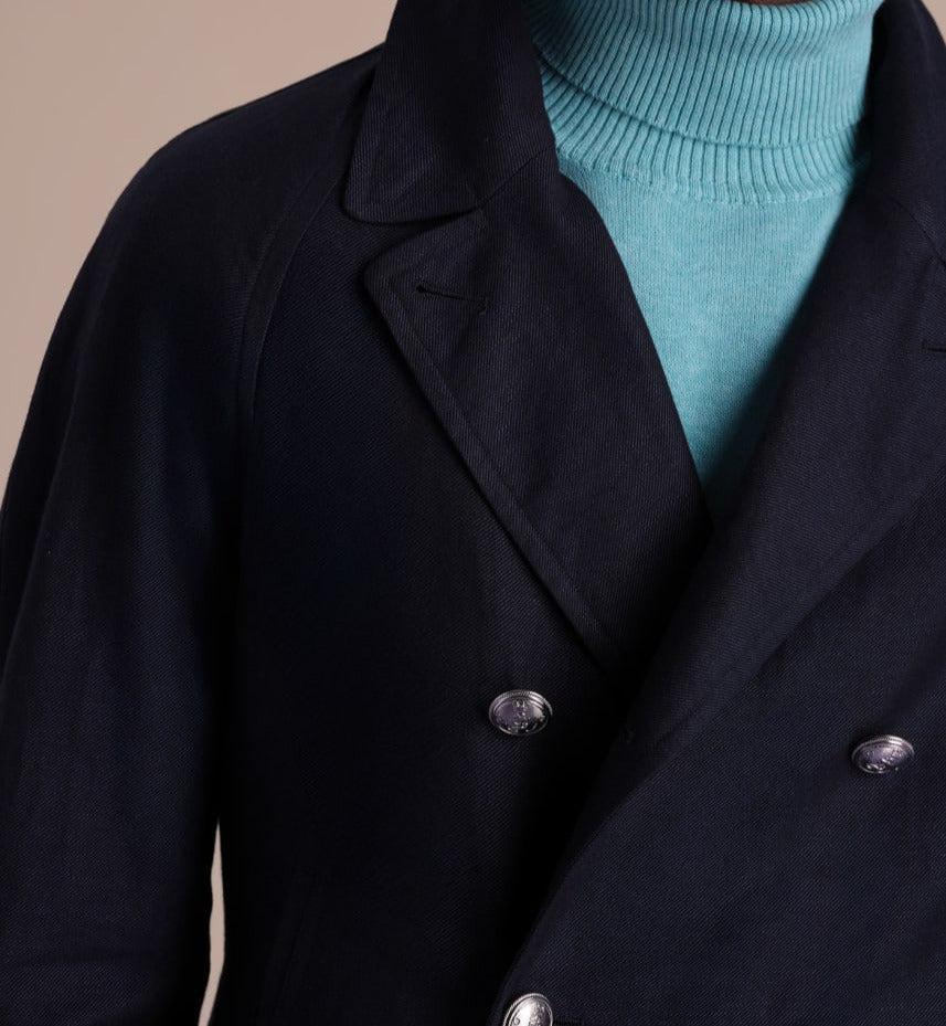 Double Breasted Linen & Cotton Peacoat - Navy