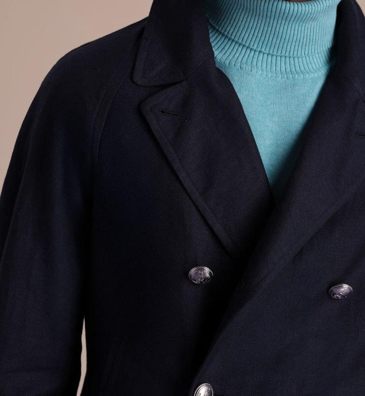 Double Breasted Linen & Cotton Peacoat - Navy