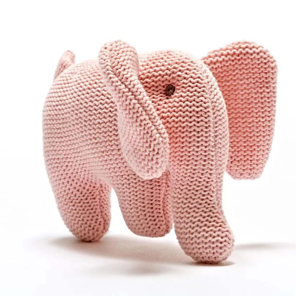 Knitted Organic Cotton Elephant Baby Rattle - Pink