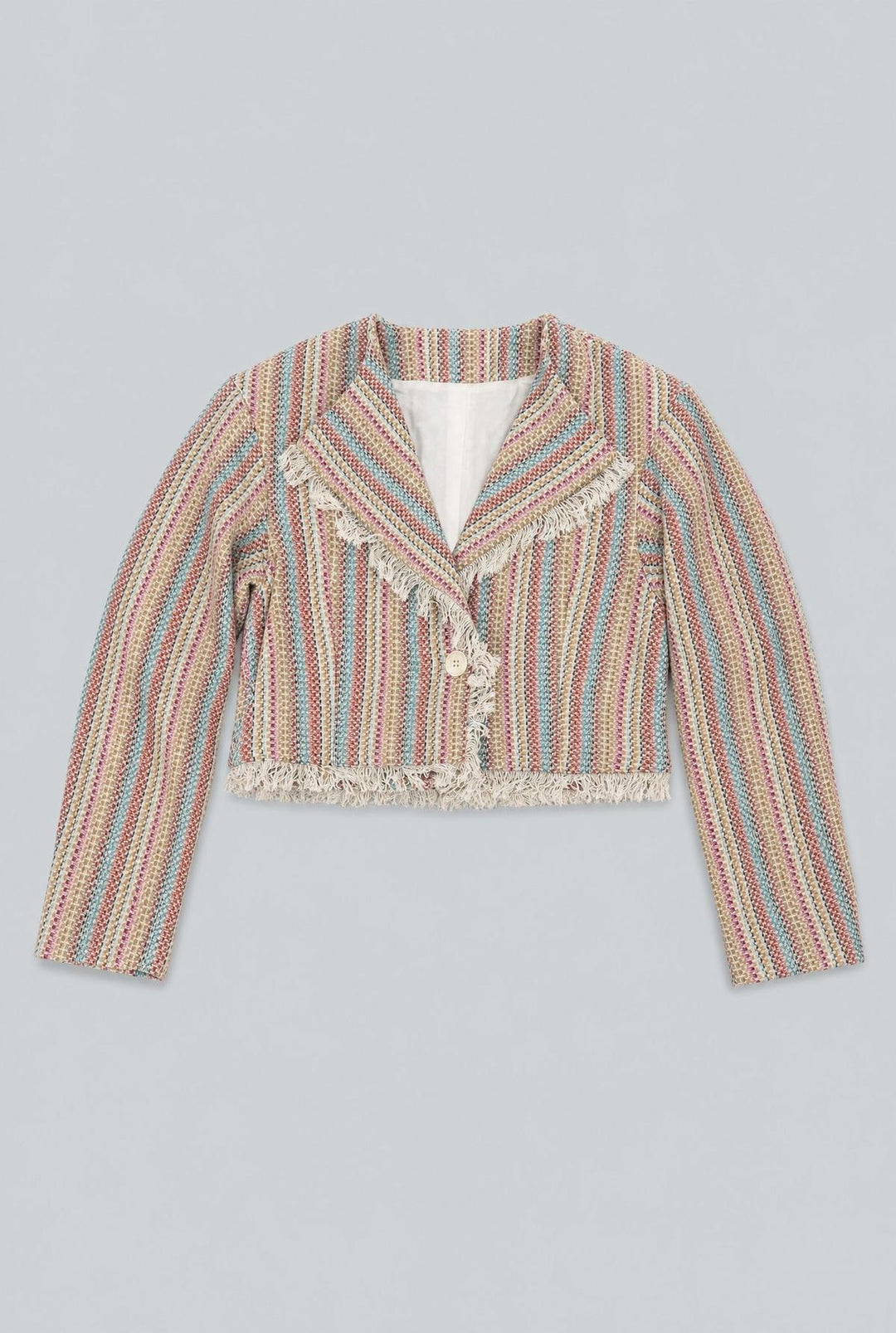 Cropped Tweed Frayed Hem Blazer - Rainbow/Multi