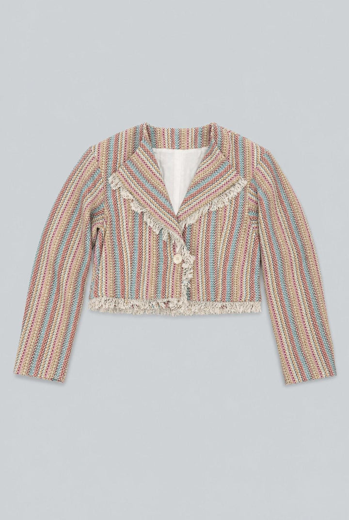 Cropped Tweed Frayed Hem Blazer - Rainbow/Multi