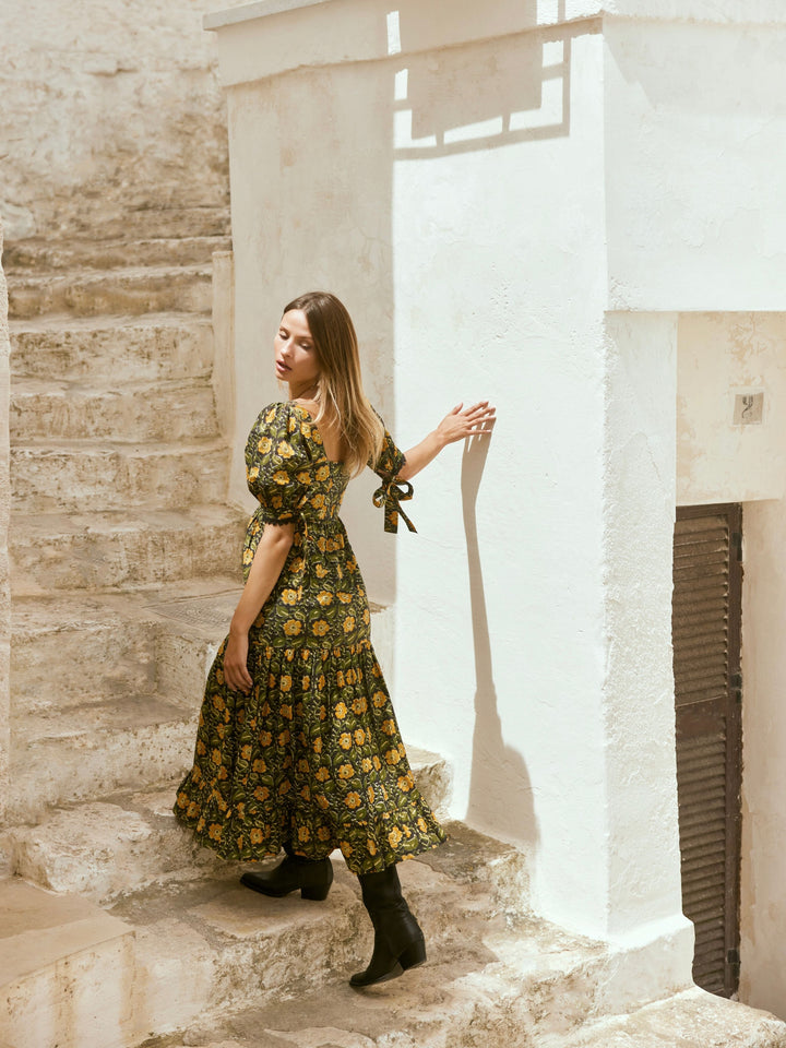 Barbara Square Neck Dress - Faded Black Golden Floral