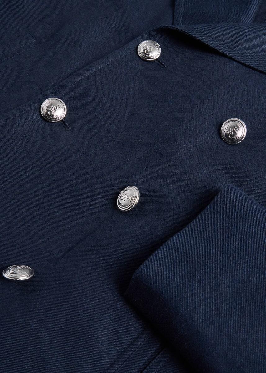 Double Breasted Linen & Cotton Peacoat - Navy