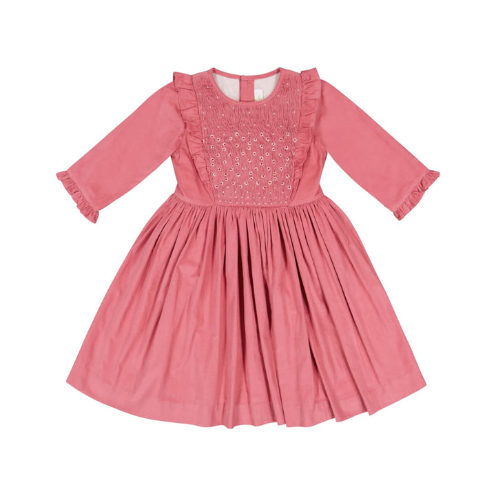 Angele Corduroy Long Sleeve Smocked Dress - Pink