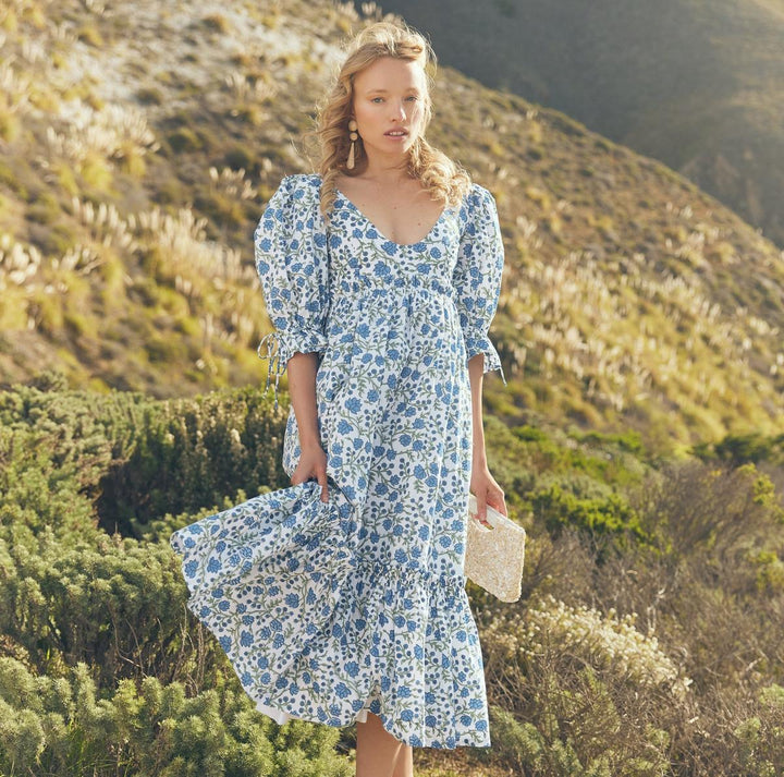 Hayley Puff Sleeve Midi Dress - Cream/Azure Floral Manymoons Hayley Puff Sleeve Midi Dress - Cream/Azure Floral Manymoons