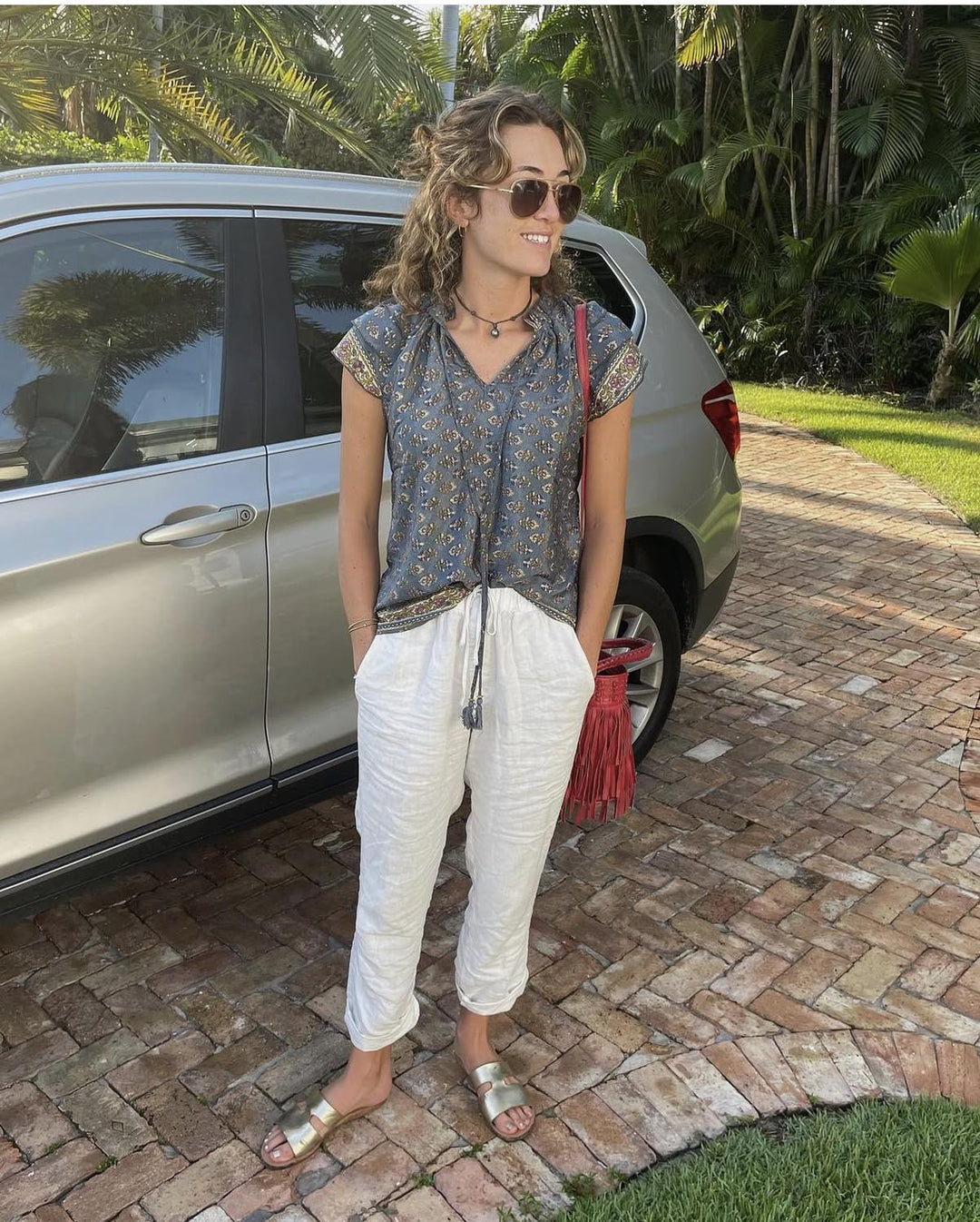 Varina Top - Navy with Gold Flowers