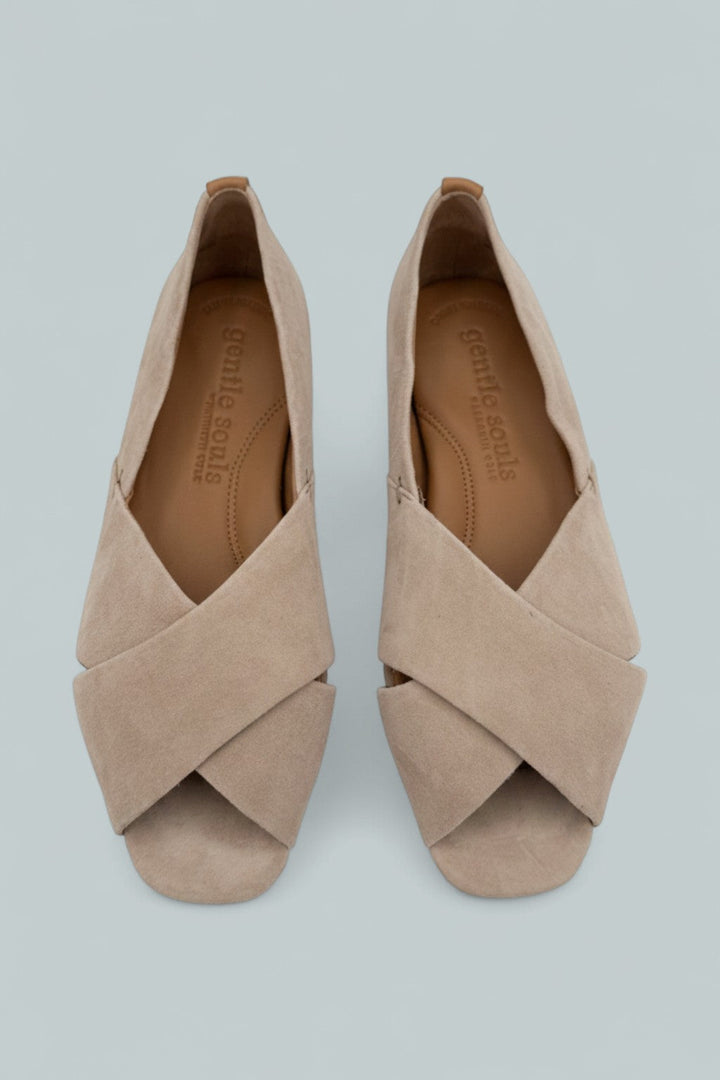 Whoebe Suede Criss-Cross Open Toe Flat - Mushroom Suede
