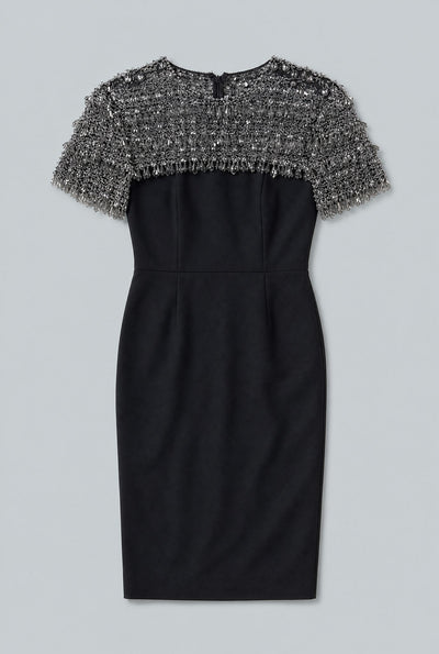 Embellished Short-Sleeve Crewneck Pencil Dress - Black Multi