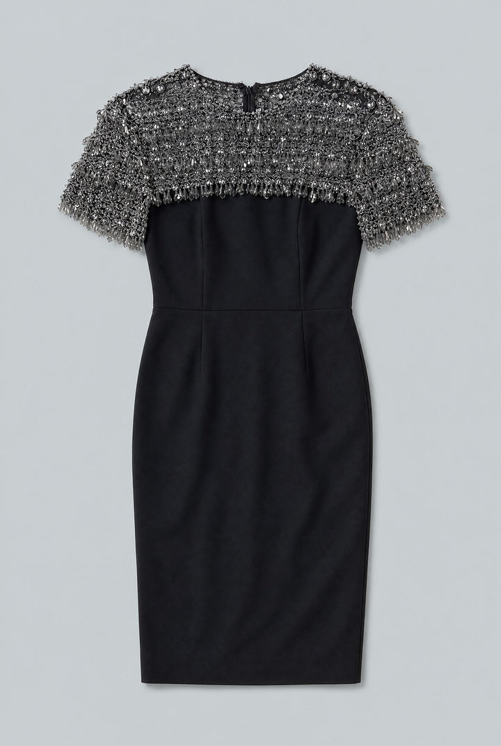 Embellished Short-Sleeve Crewneck Pencil Dress - Black Multi