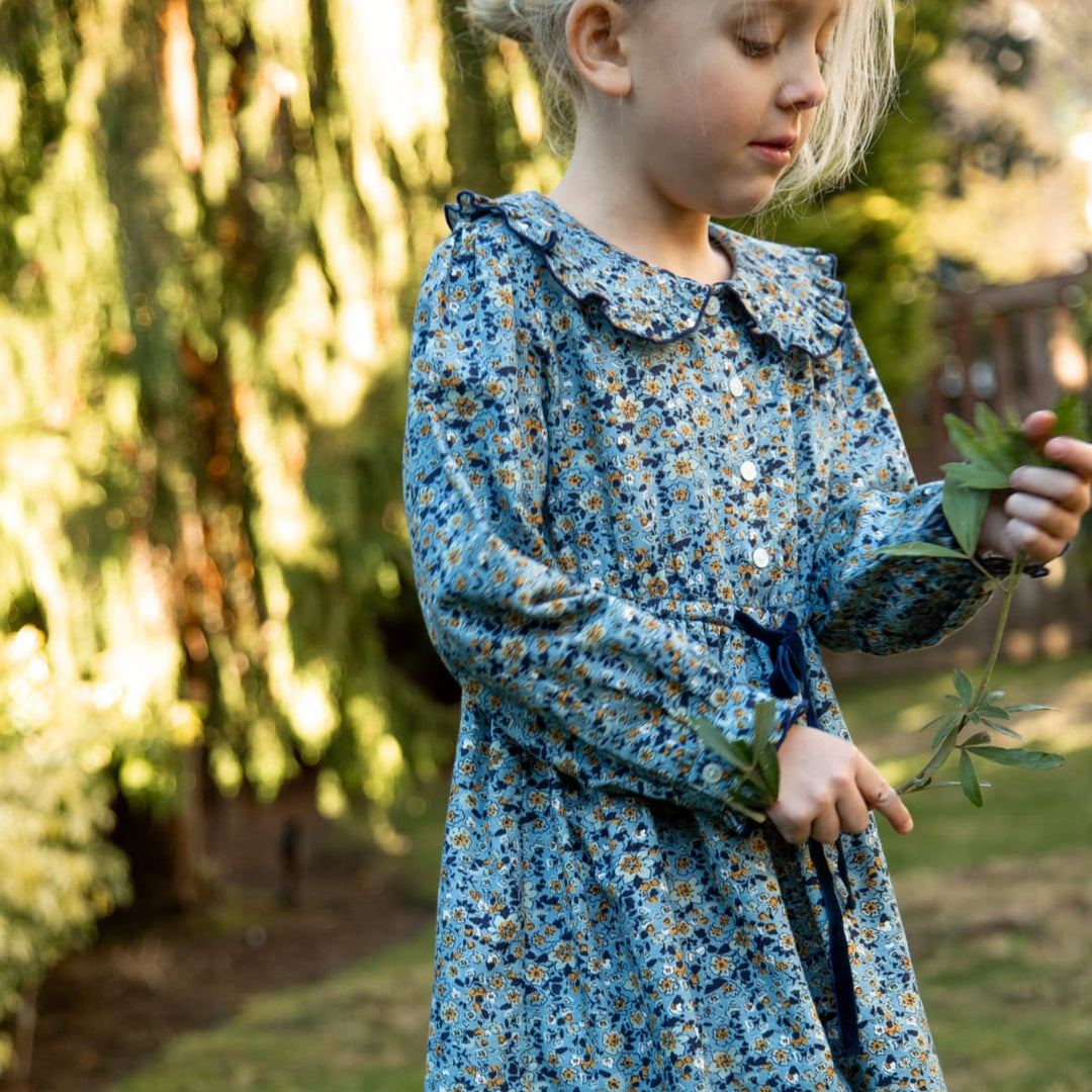 Girls Adelaide Velvet Tie Dress - Blue And Mustard Wildflowers