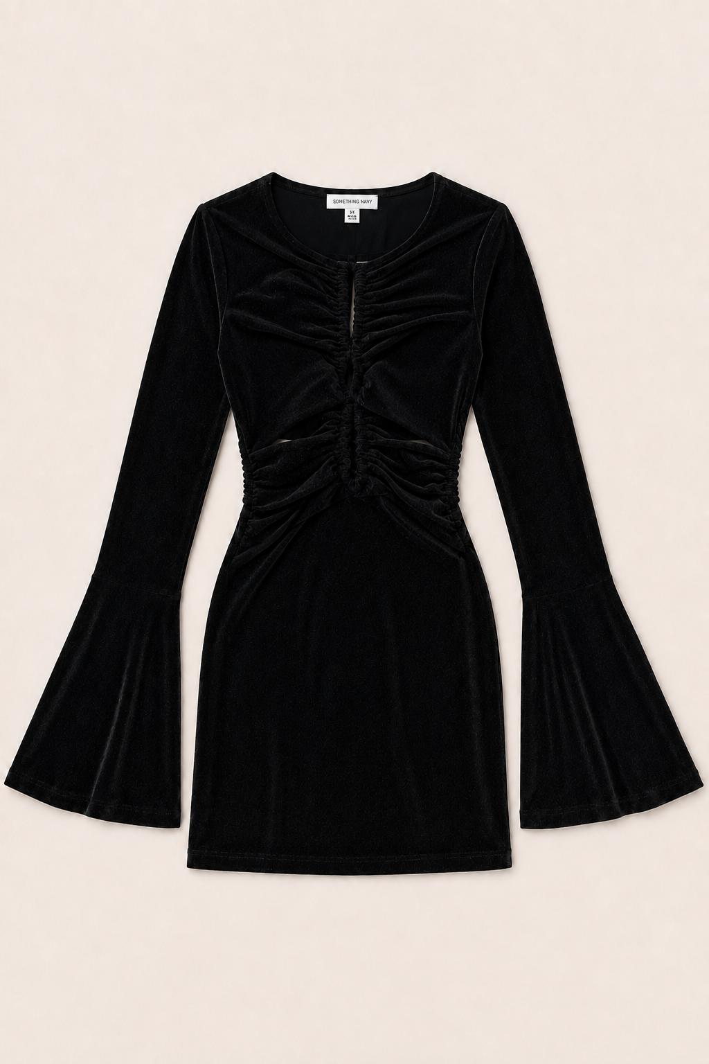 Lurex Cinched Mini Dress With Bell Sleeves - Black