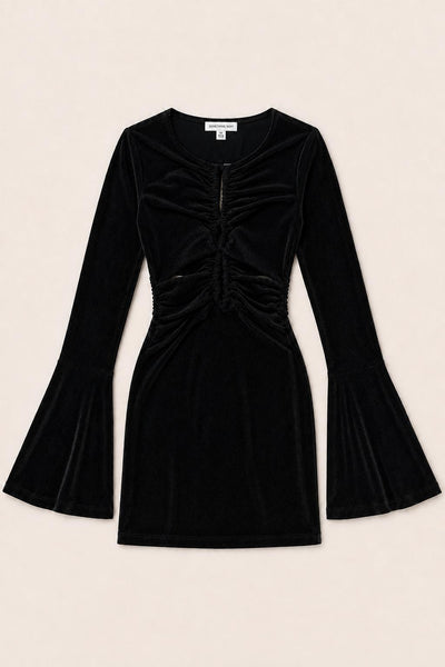 Lurex Cinched Mini Dress With Bell Sleeves - Black
